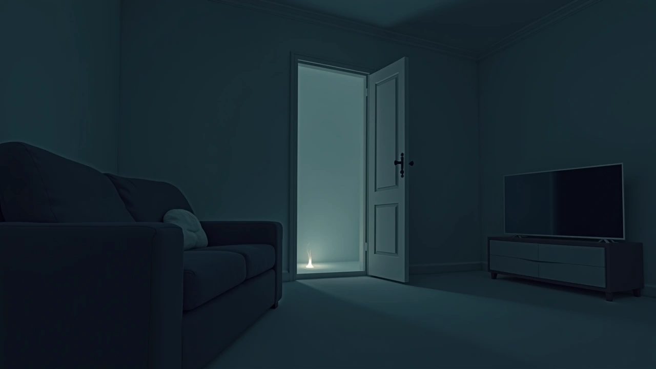 Illustration: A dim living room lit only by a glowing phone screen at 2:30 a.m.