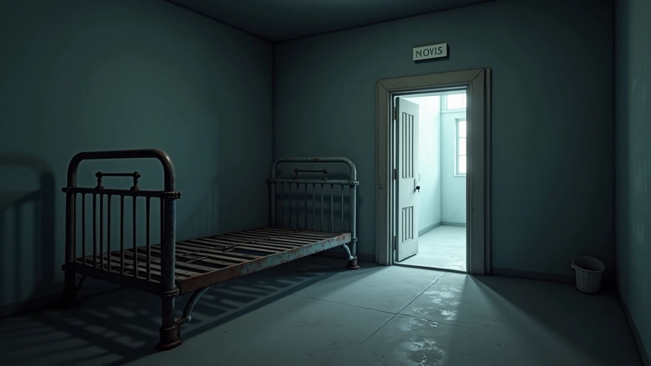 Illustration: an old rusted prison cell with a metal bed frame, dim corridor light through an open cell door.