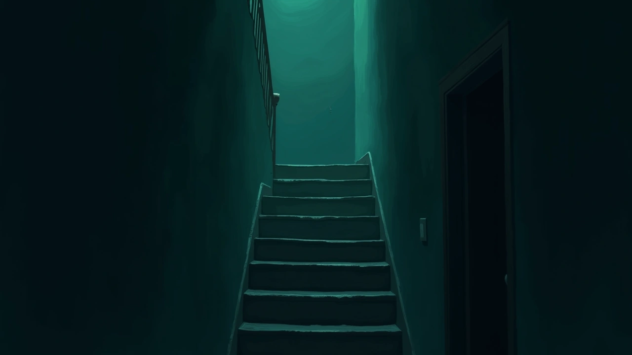 Illustration: a dim staircase in an old house at night.