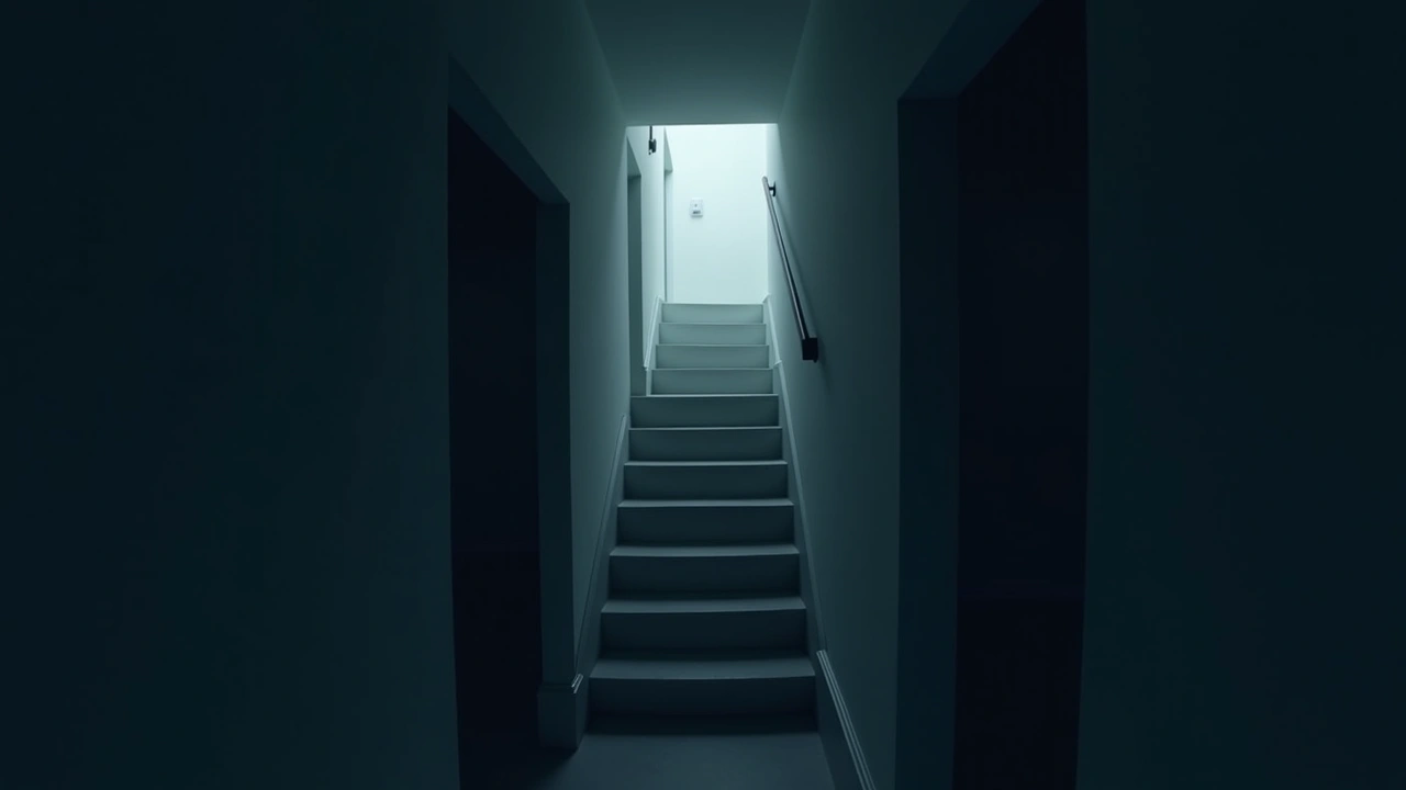 Illustration: a narrow staircase in a dim house.