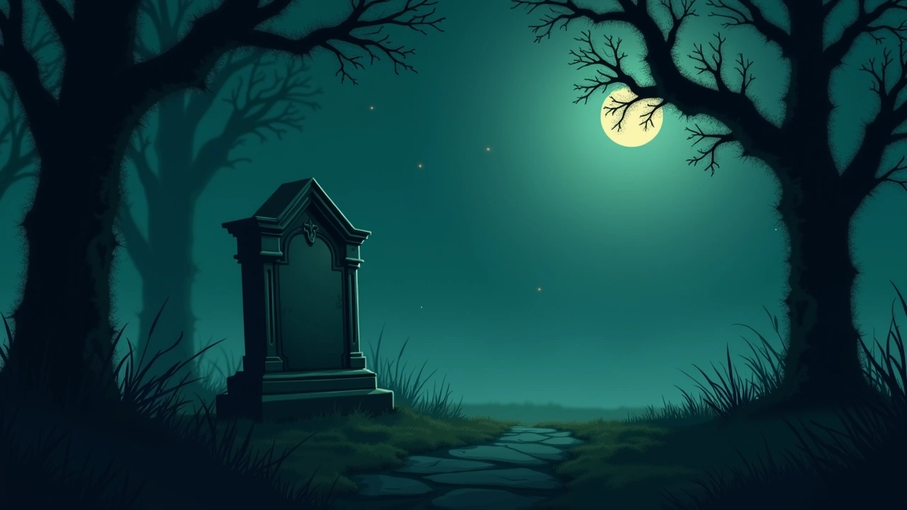 Illustration: a historic cemetery at night, an old weathered gravestone among moss-draped trees.