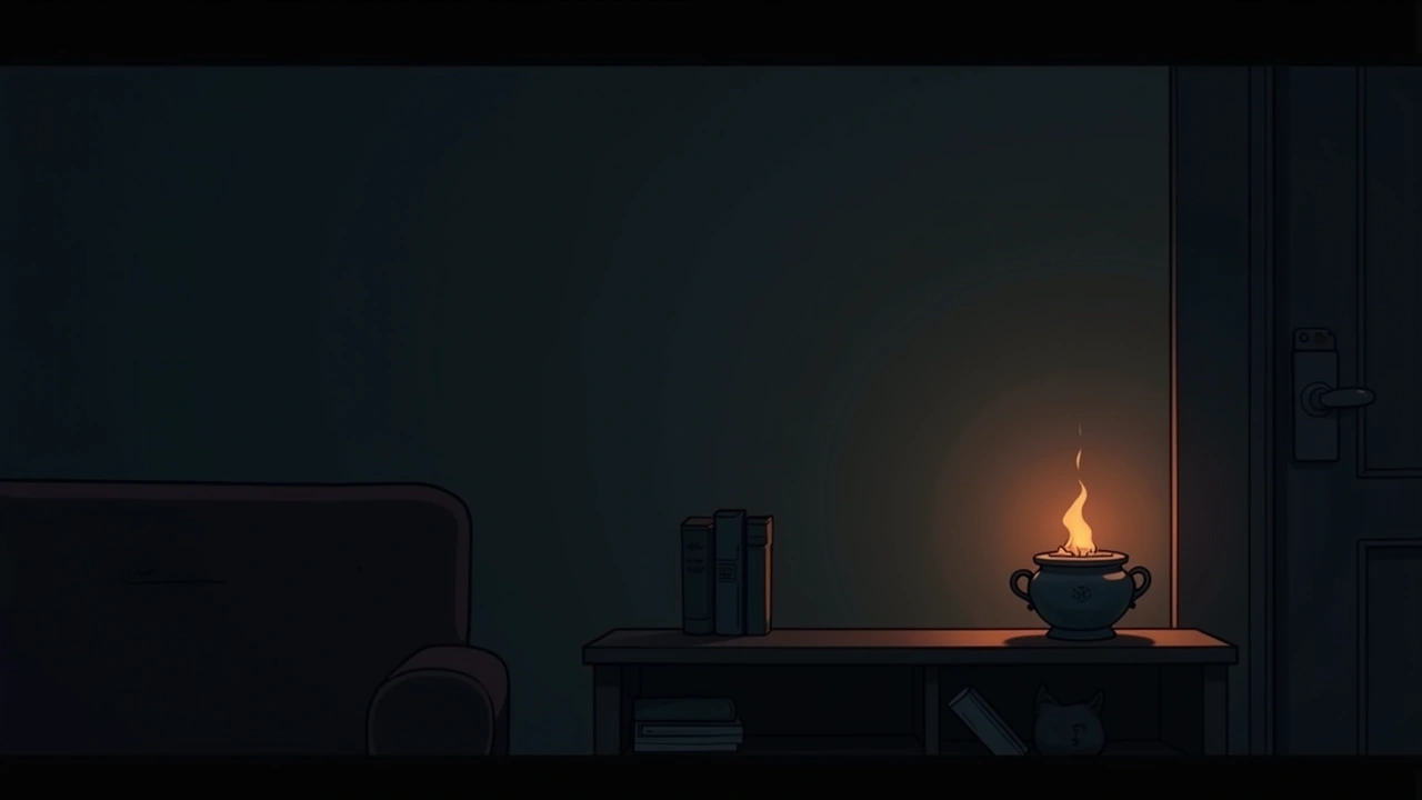 Illustration: an urn of ashes resting on a shelf in a quiet, dim living room.