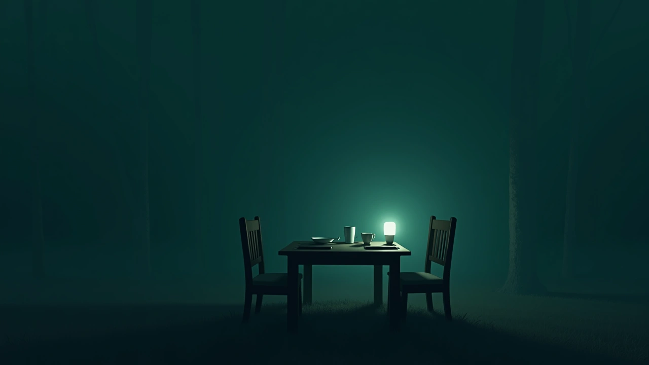 Illustration: a family dinner table at night, a phone screen glowing quietly nearby, unnoticed.
