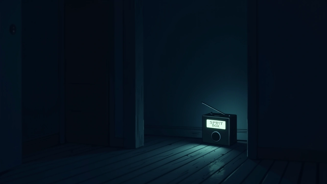 Illustration: a handheld spirit box radio device glowing in a dark room.