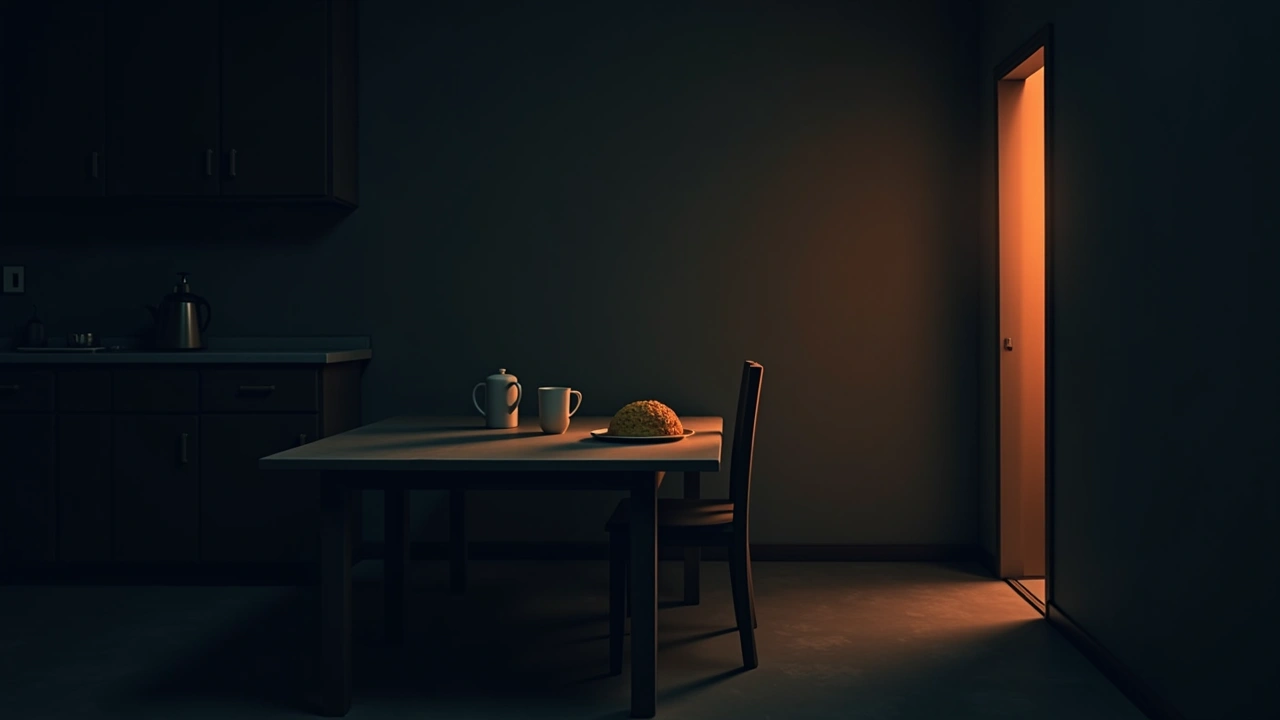 Illustration: an untouched breakfast table in a quiet morning kitchen.