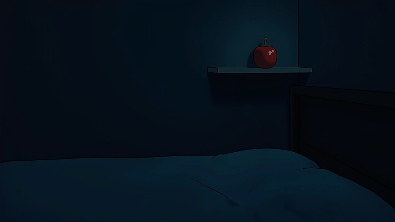 Illustration: a dim bedroom at night with a small ceramic apple ornament on a shelf.