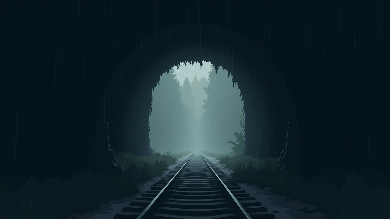 Illustration: an old abandoned train tunnel entrance in the rain, dim light fading into darkness.