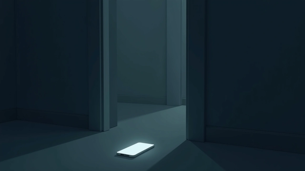 Illustration: a phone glowing faintly on the floor of a dim, empty room at night.