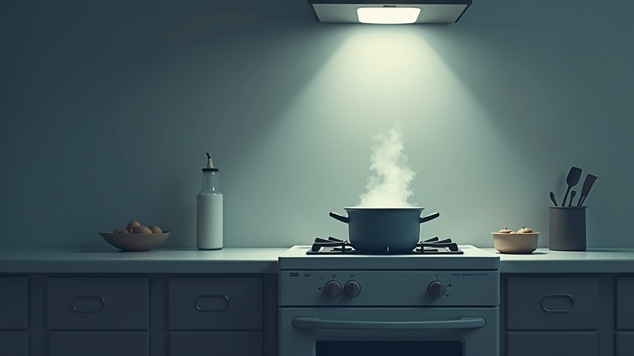 Illustration: a pot of milk steaming on a stovetop in a kitchen.