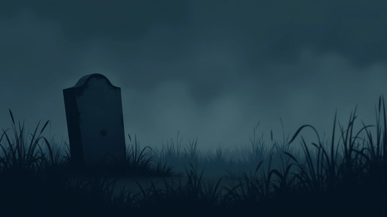 Illustration: a single weathered gravestone in tall grass at night.