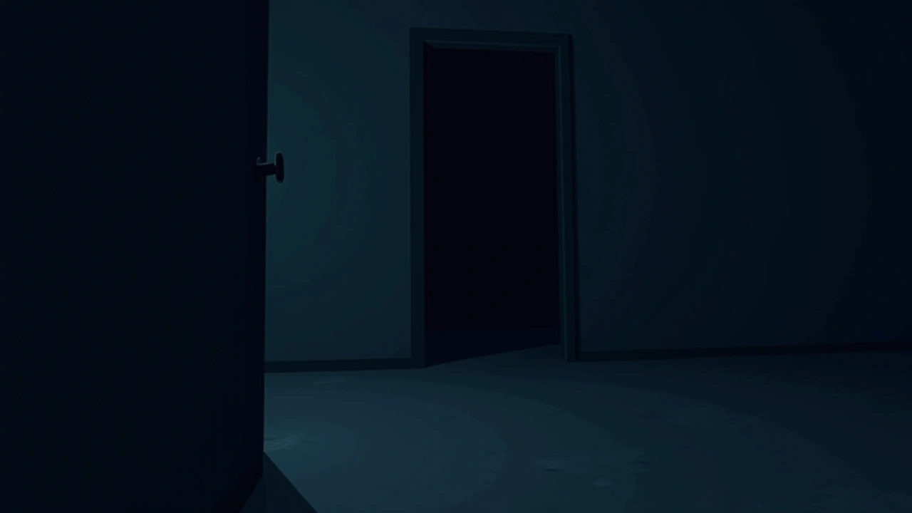 Illustration: an empty room at night, the doorway dark.