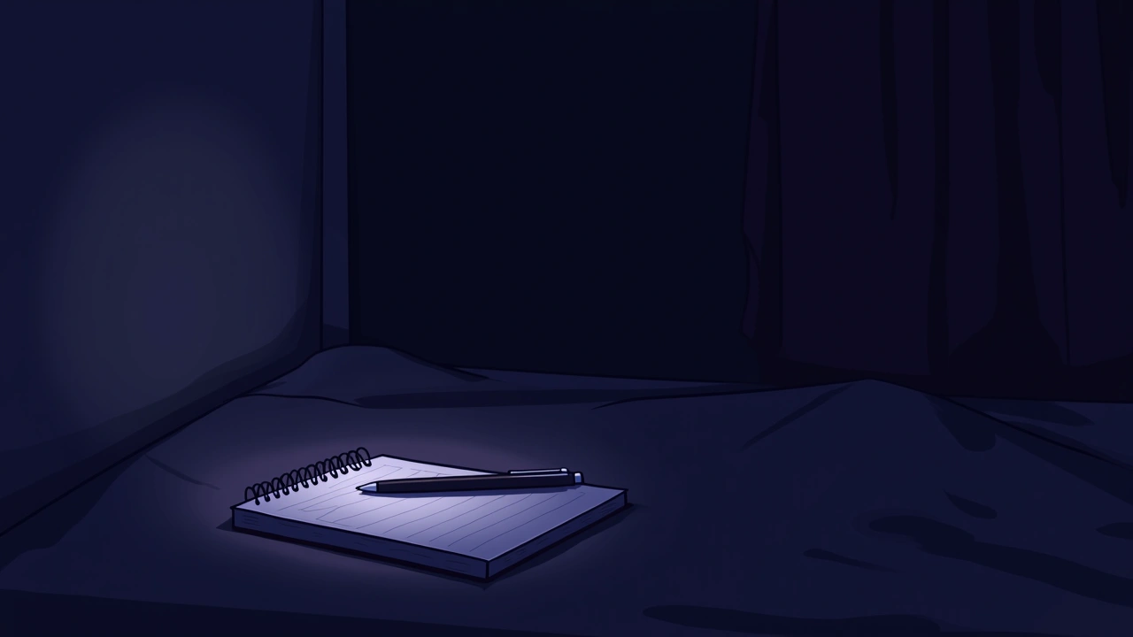 Illustration: A dim room at night, a paper notepad and pen resting beside a softly glowing handheld device.