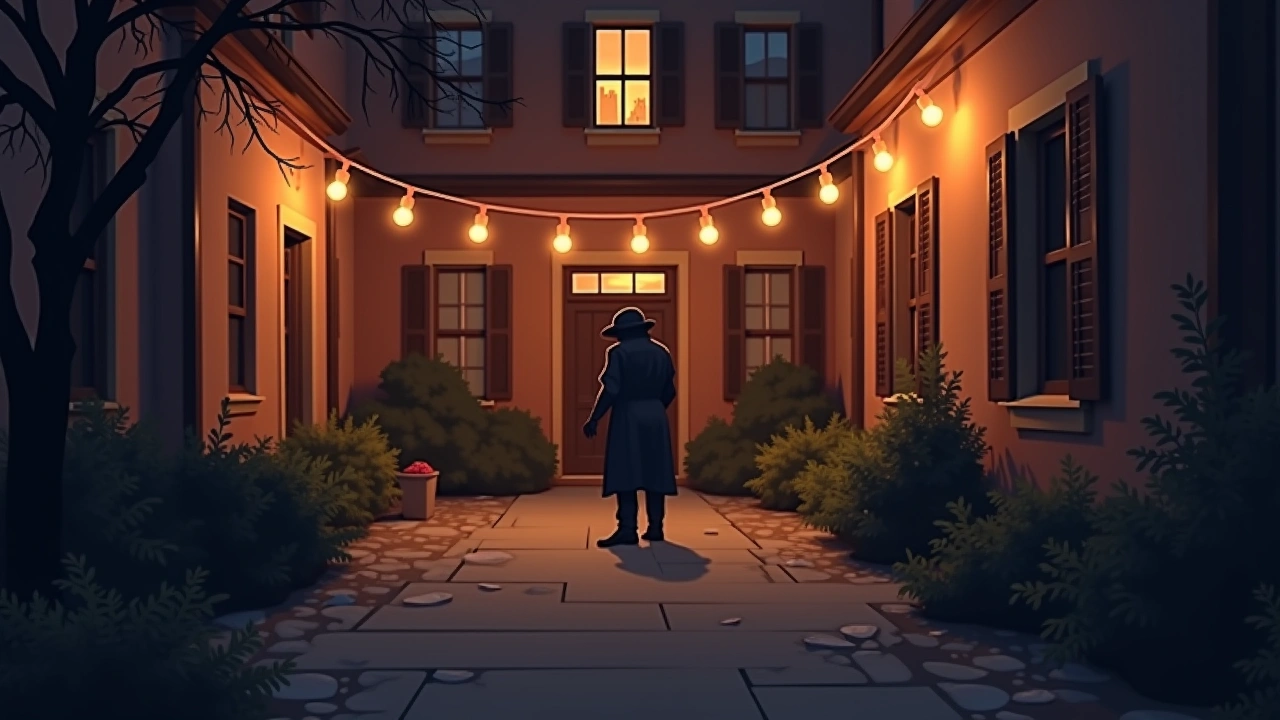 Illustration: a quiet outdoor courtyard at night, string lights lit for a holiday evening.