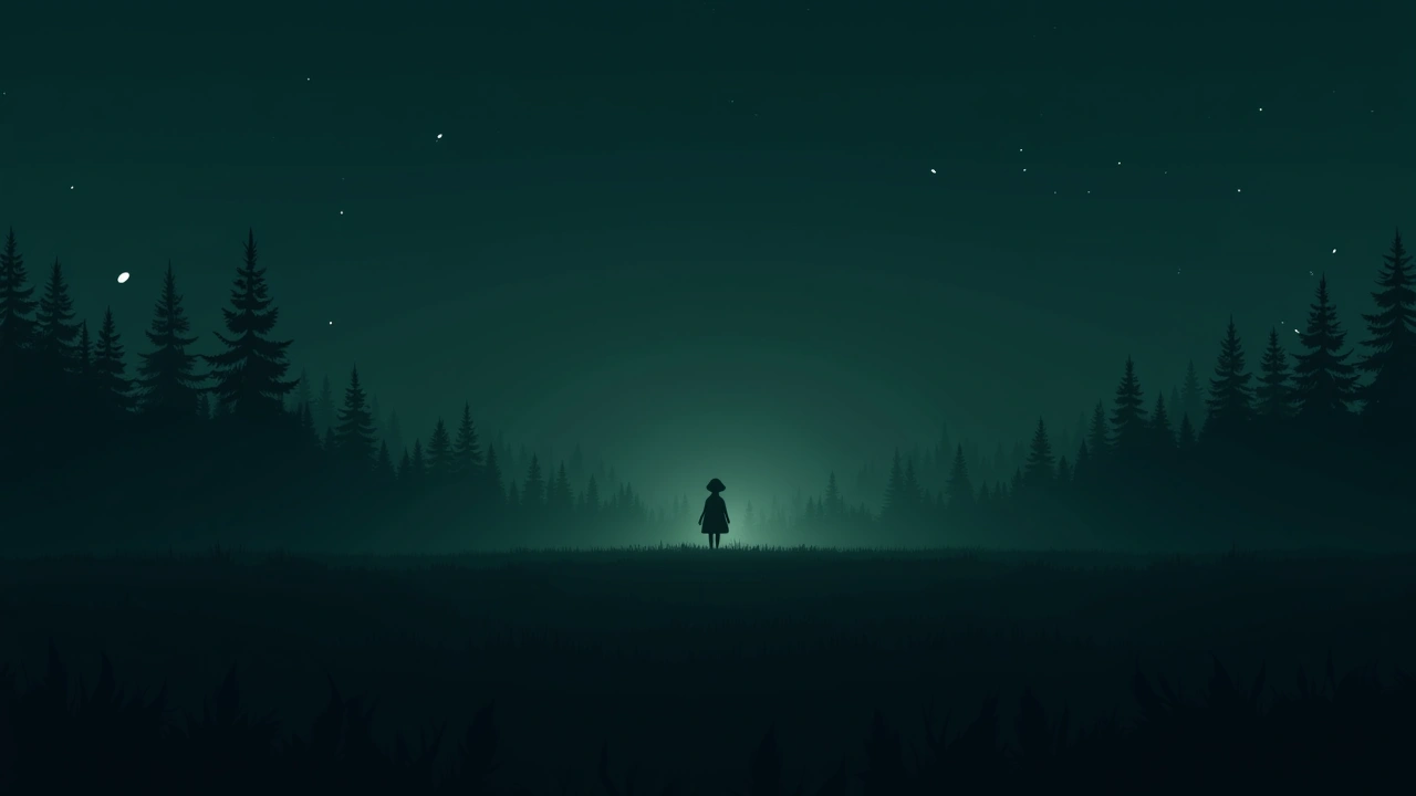 Illustration: a deserted outdoor field at night under a dark sky.