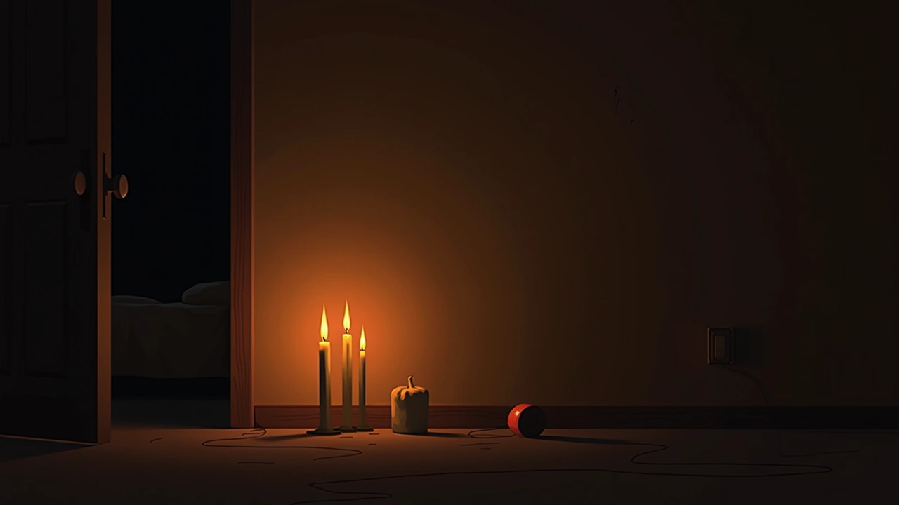 Illustration: candles burning in a dim room beside a glowing EVP device at night.