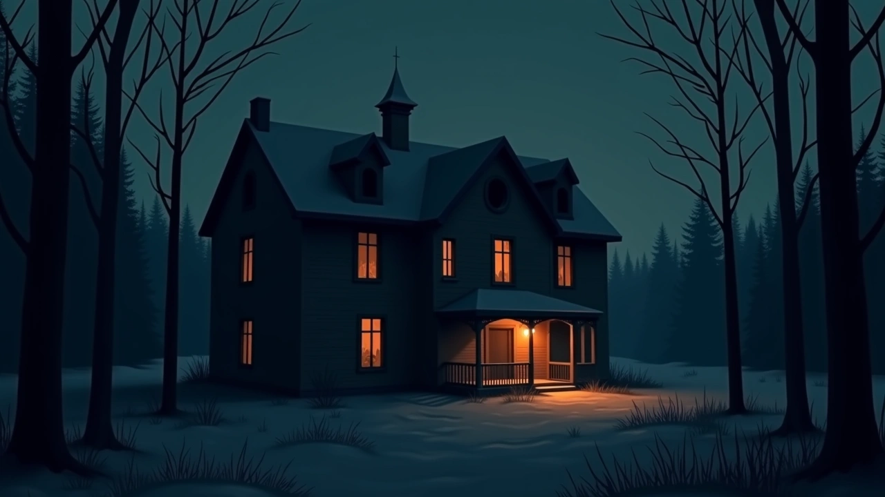 Illustration: the exterior of an old, abandoned mansion at night in a dense northern forest.