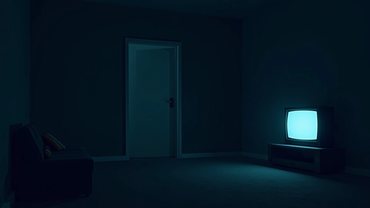 Illustration: a television switched on by itself in a dark living room at night.