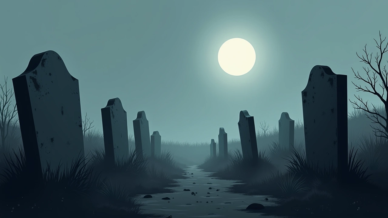 Illustration: a weathered old cemetery under moonlight, rows of leaning gravestones.