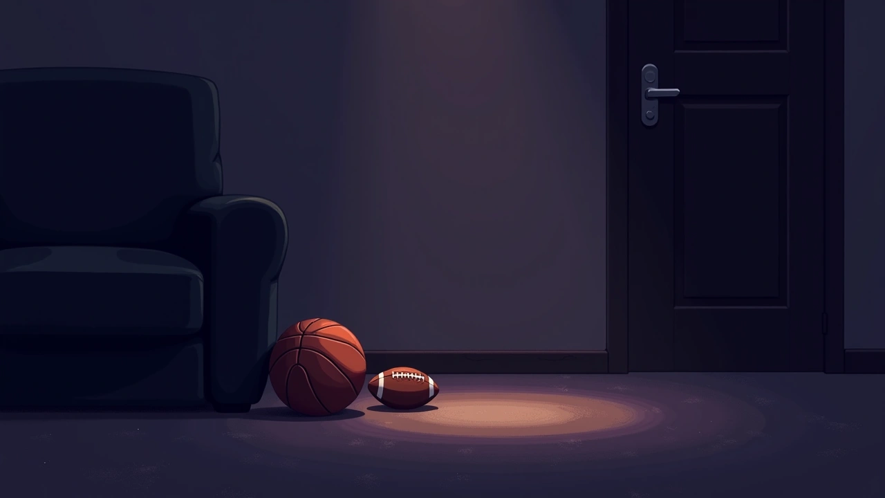 Illustration: a basketball and a football on a living room floor.