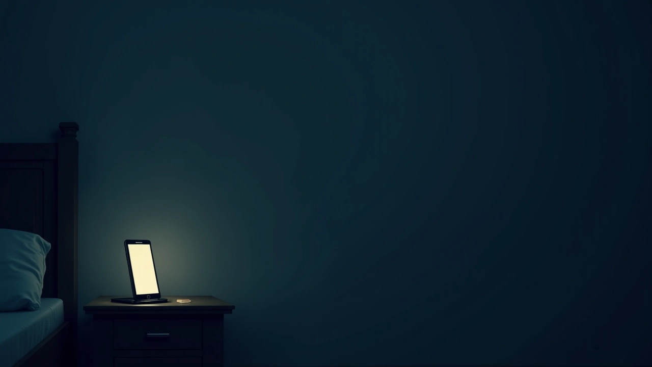 Illustration: a phone glowing softly on a nightstand in a dim bedroom at night.