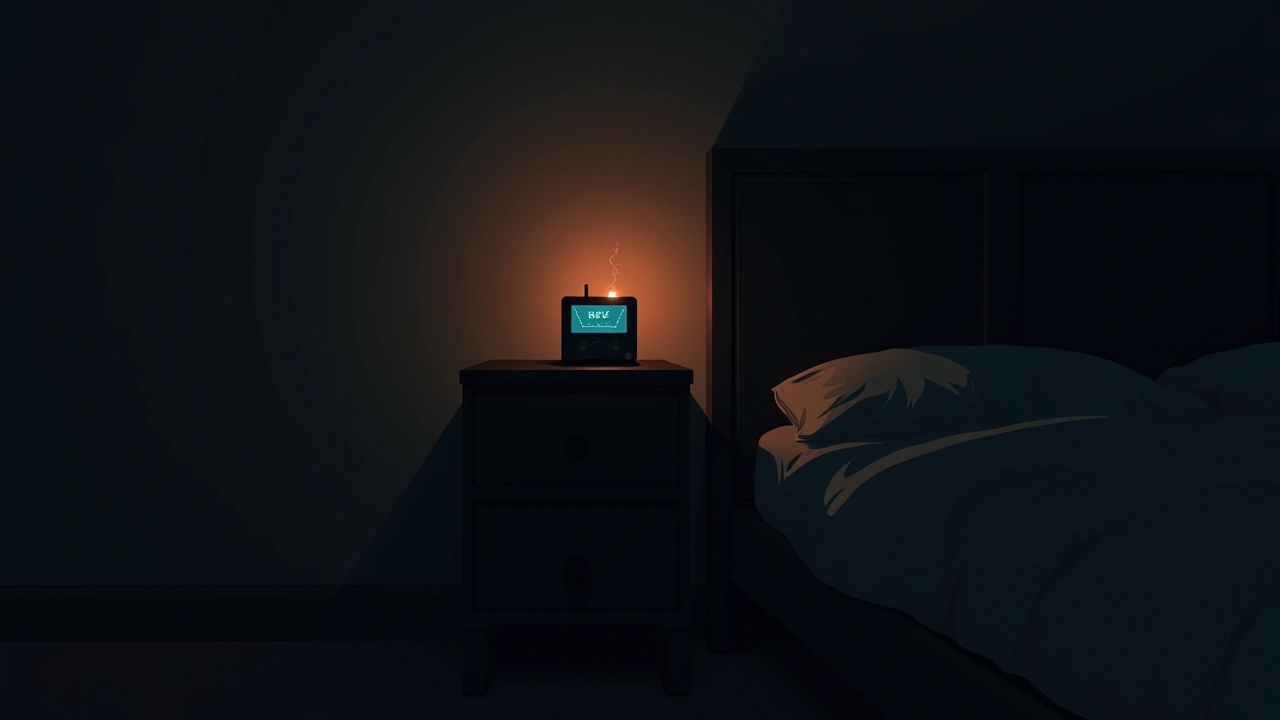 Illustration: an EMF meter needle spiking on a dim nightstand at night.