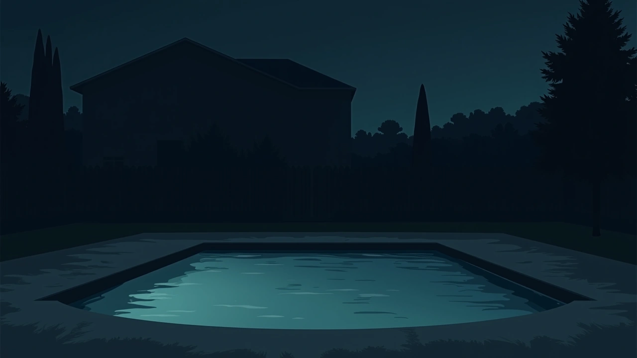 Illustration: A quiet backyard swimming pool at night, water still and undisturbed.