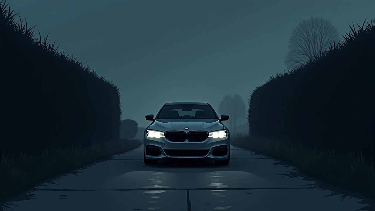 Illustration: a BMW parked in a quiet driveway at dusk, headlights off.