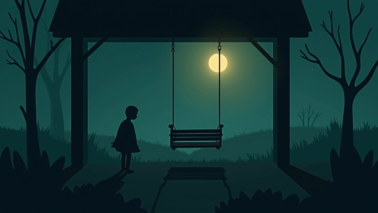 Illustration: A single empty porch swing gently moving at dusk in soft golden light.