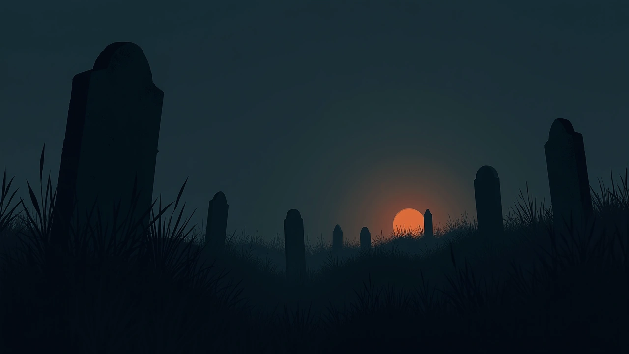 Illustration: A quiet, overgrown cemetery at dusk, weathered headstones half-swallowed by grass.