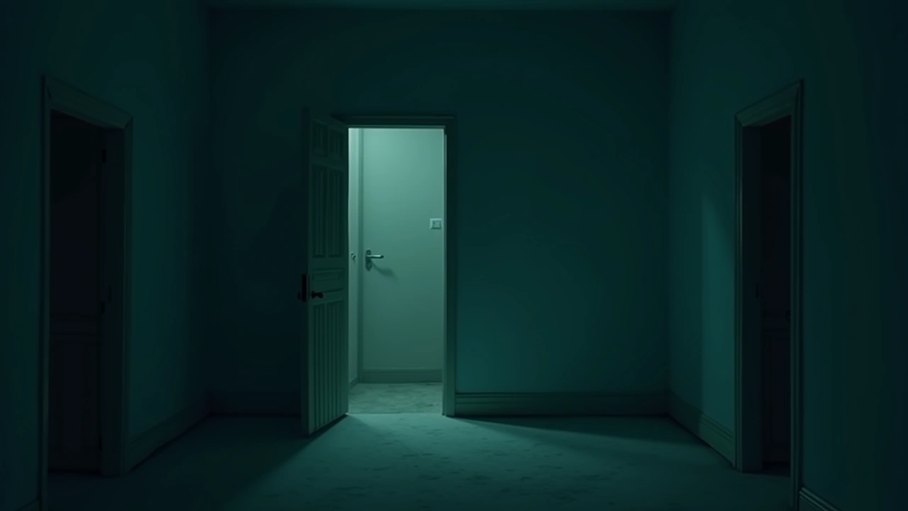 Illustration: a dim apartment room at night.