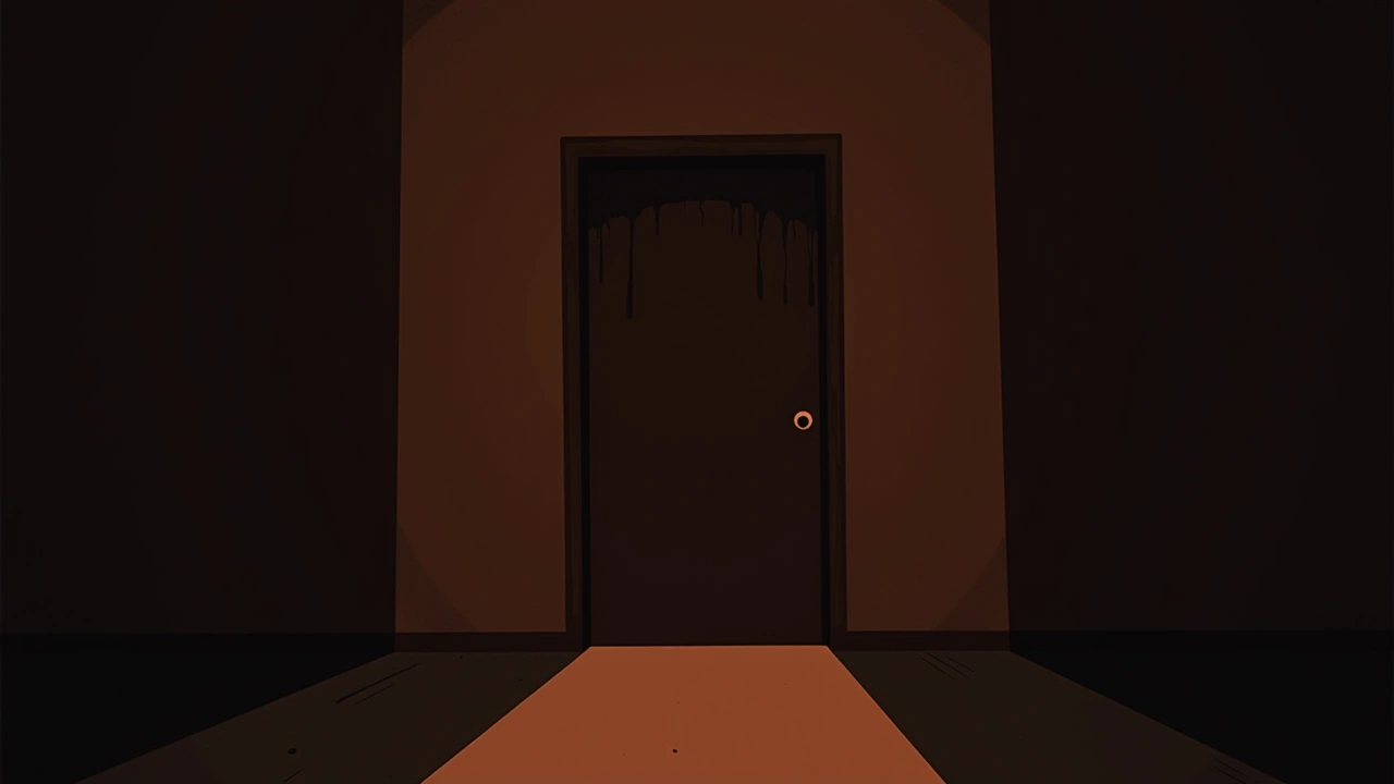 Illustration: a front door at night seen from inside a dim hallway.