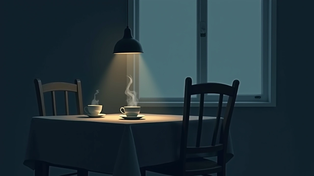 Illustration: A softly lit kitchen table at dusk, an empty chair and a steaming cup of tea, warm nostalgic light.