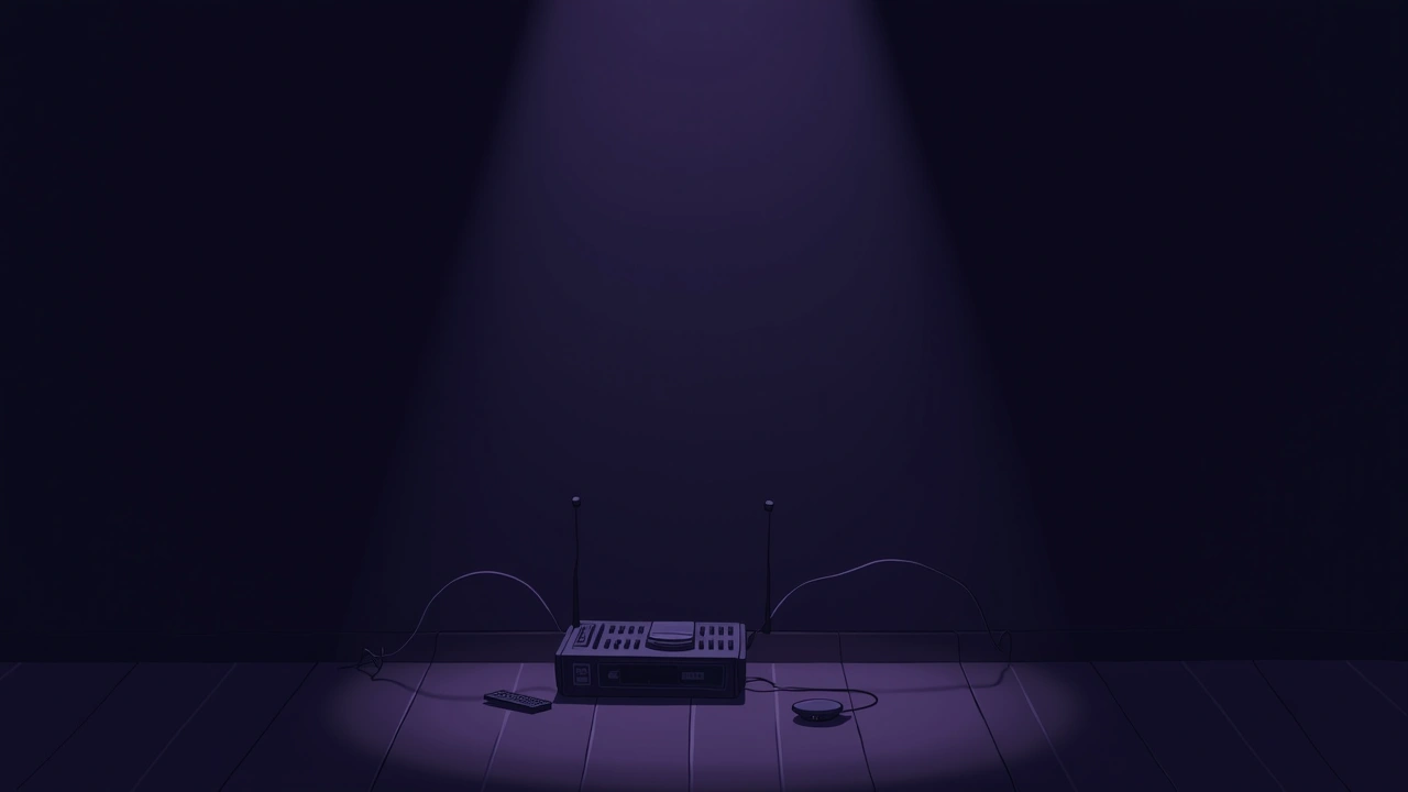 Illustration: investigation recording equipment set up in a dark, empty room at night.