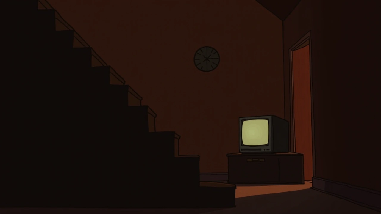 Illustration: a staircase in a dim house, a television glowing faintly in the background.