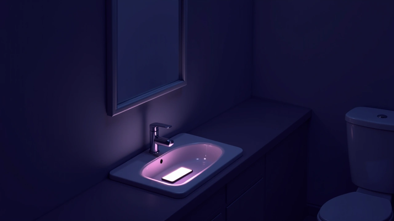 Illustration: a bathroom at night, a phone screen glowing on the edge of the sink.