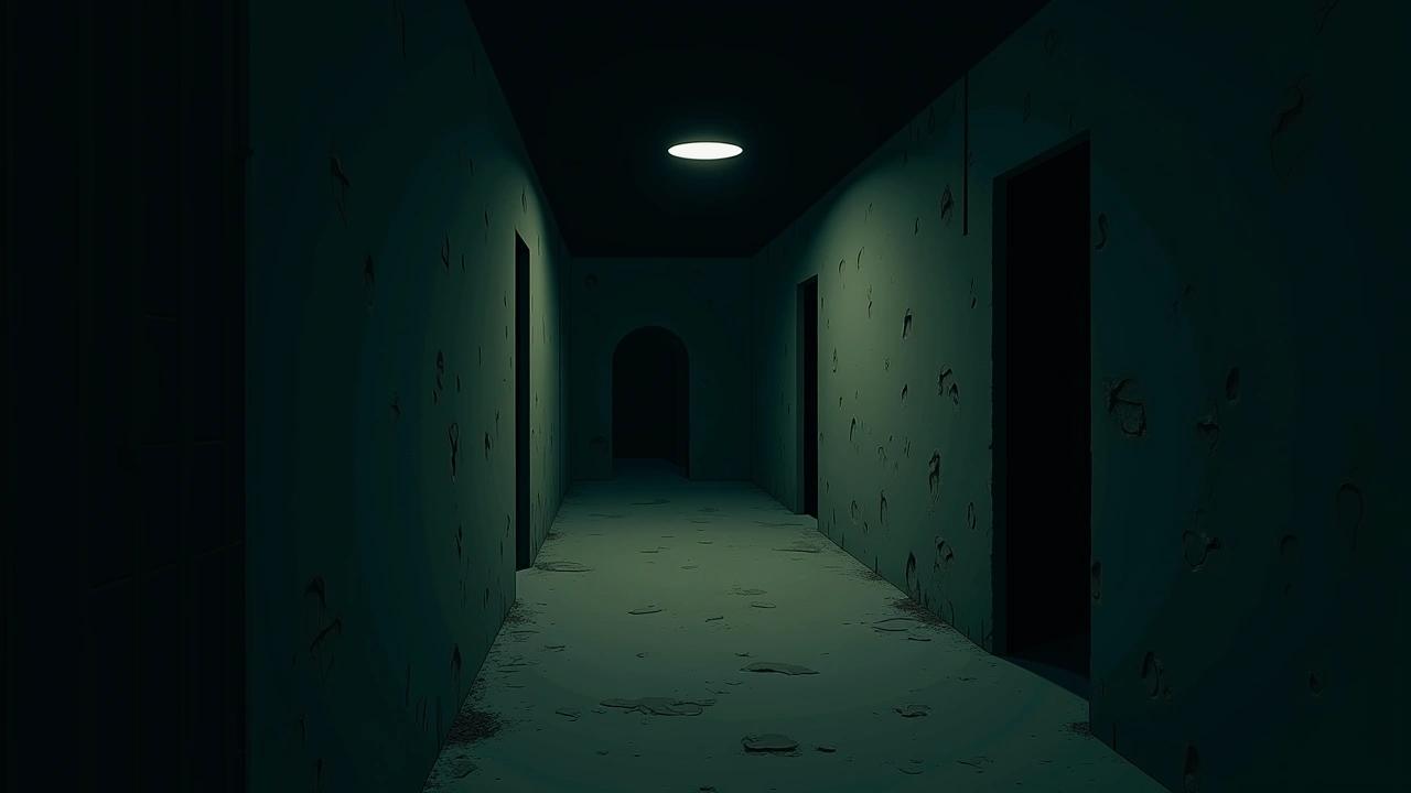 Illustration: the dim stone corridor of an old jail cell block at night.