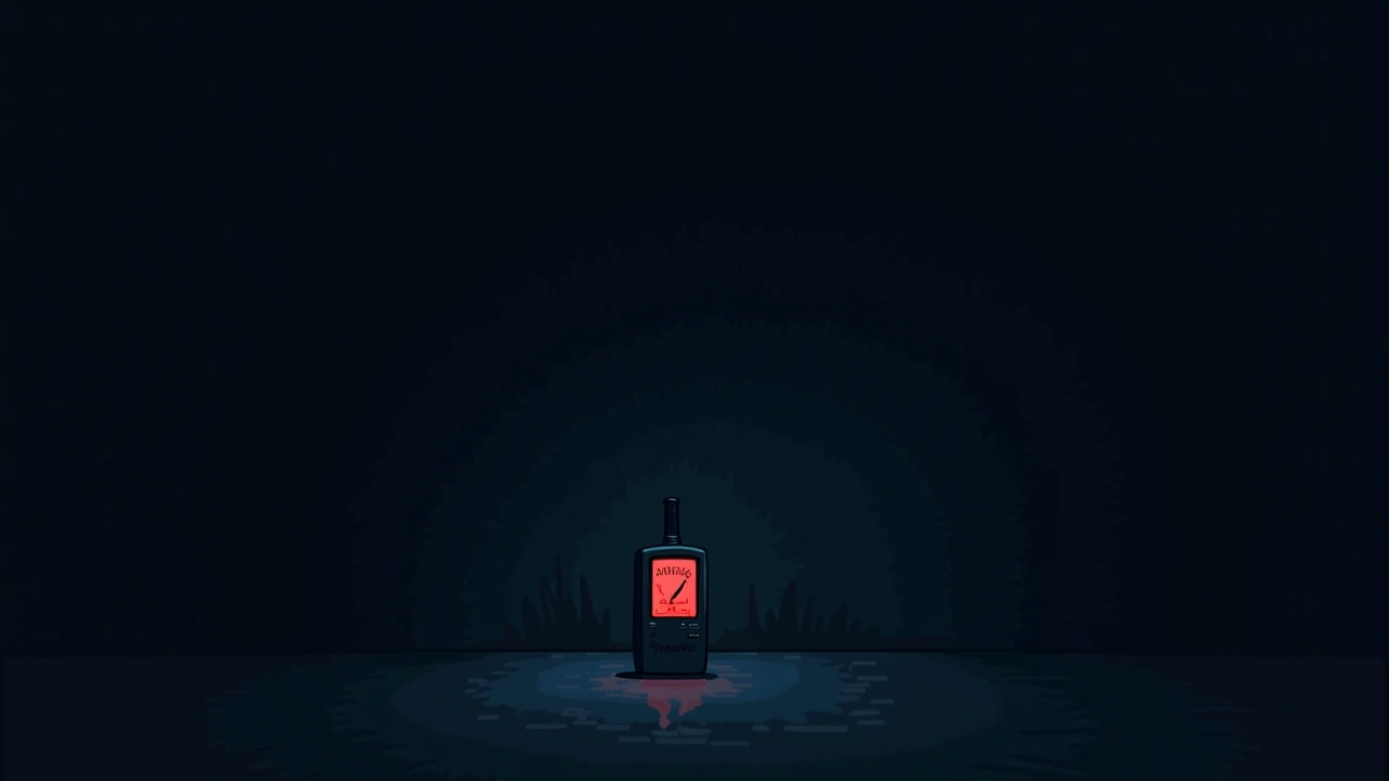 Illustration: a handheld meter with its indicator bars glowing solid red in a dark room.