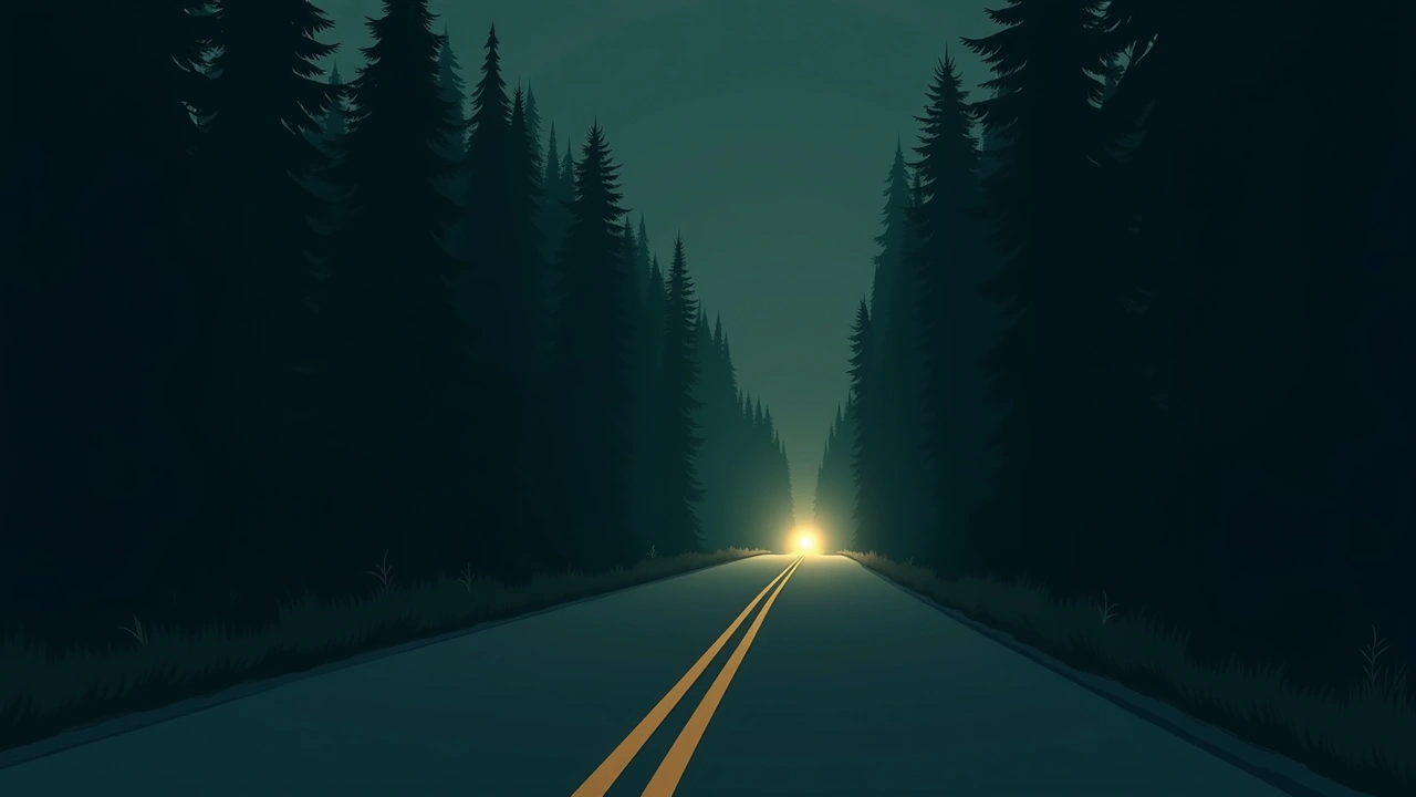 Illustration: a sharp curving road at night lit by an oncoming headlight.