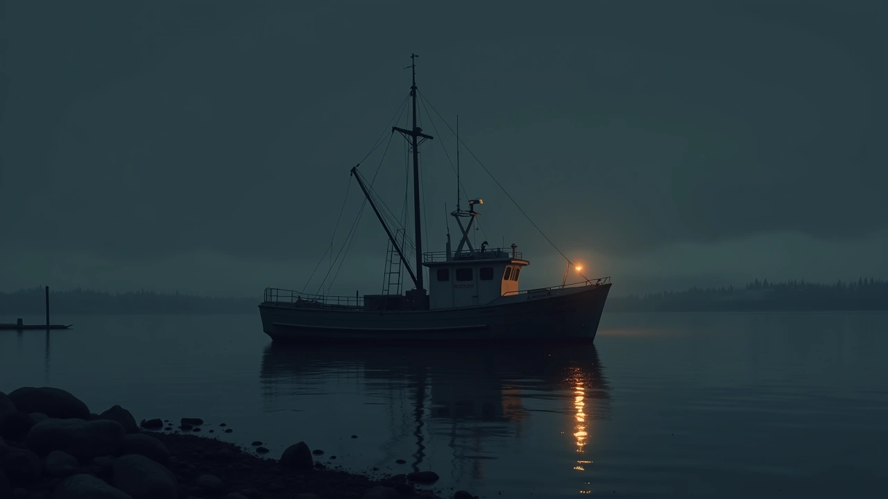 Illustration: a fishing boat moored in cold Alaskan water under a grey sky.