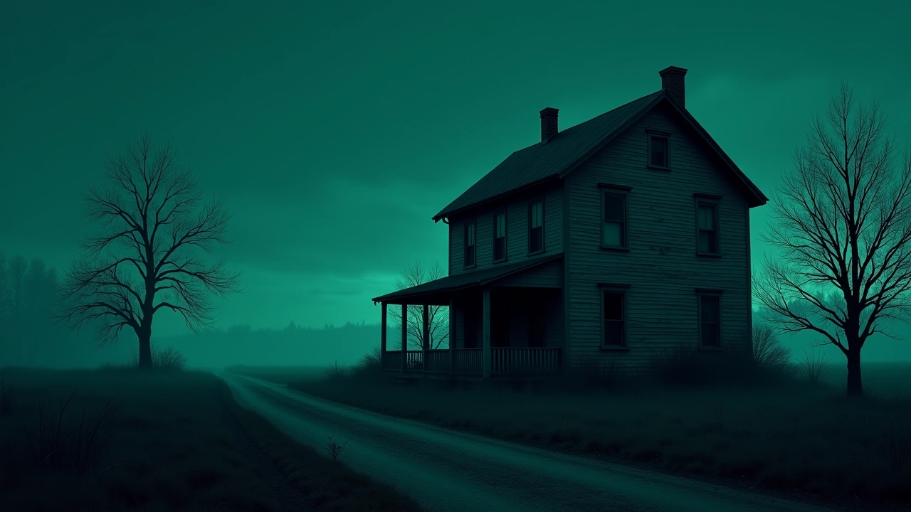 Illustration: a weathered old two-story farmhouse at dusk, over a century old.