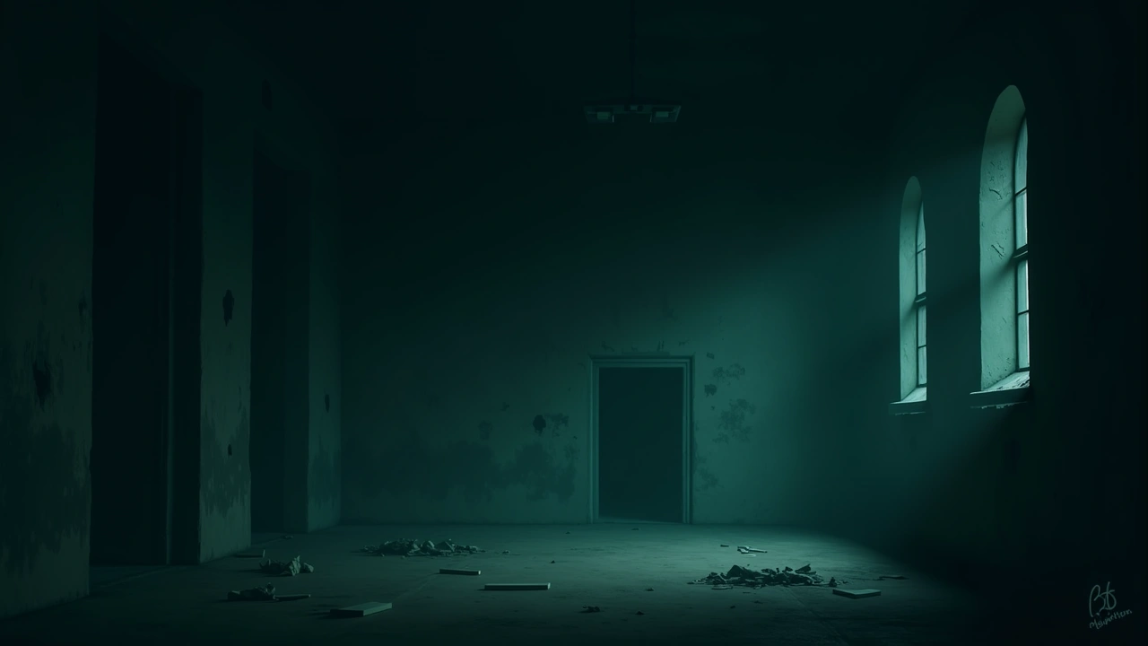 Illustration: A dark, abandoned building interior with broken windows and scorch marks on the walls.