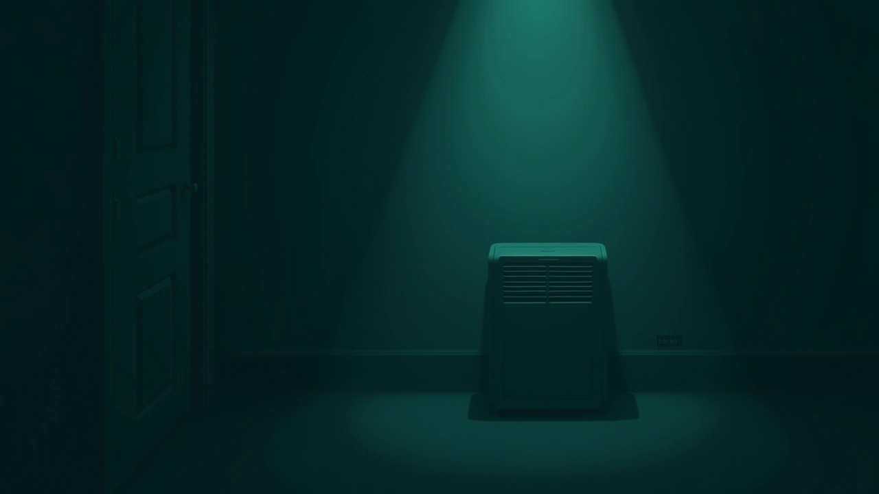 Illustration: a home air conditioning unit switching on in a quiet, dim room.