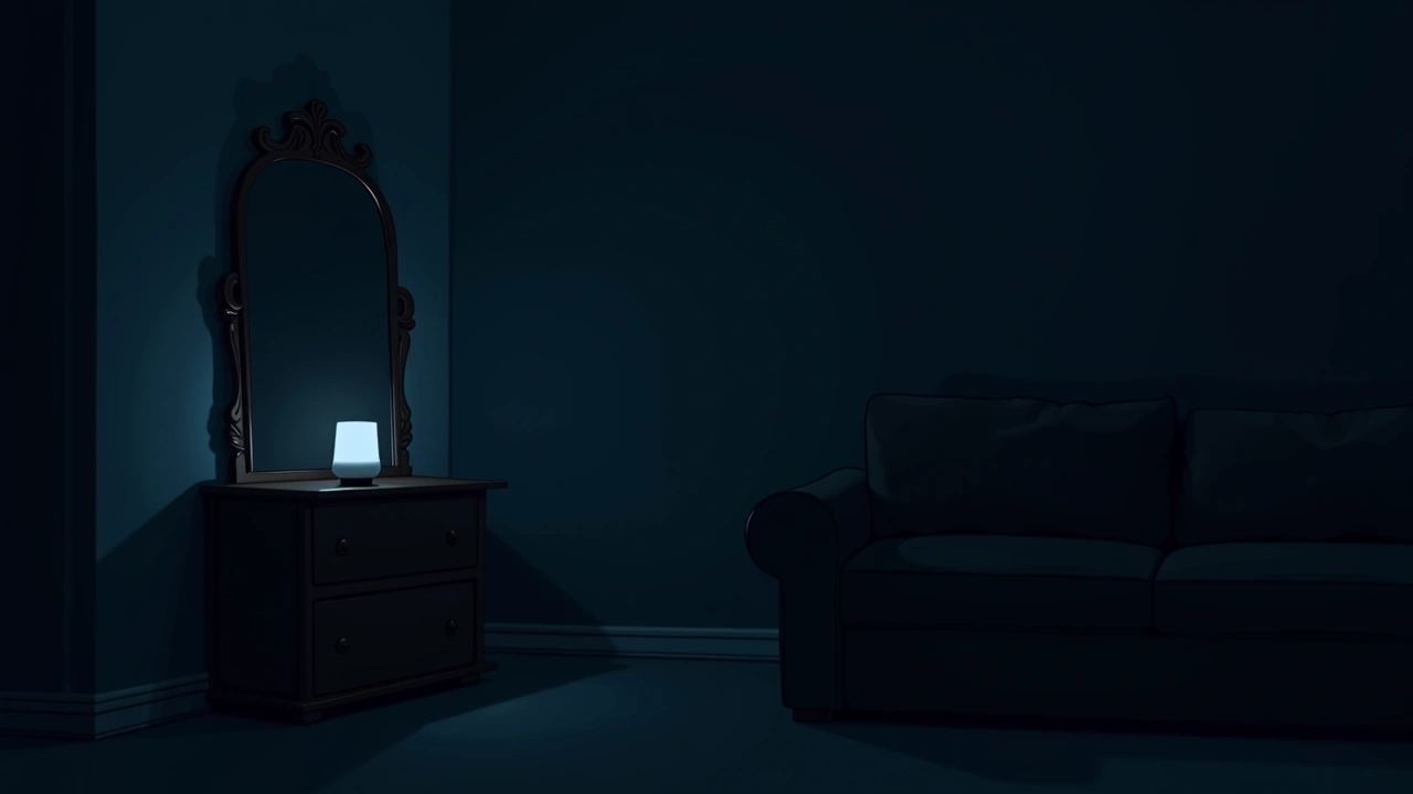 Illustration: A dim living room at night with a smart speaker glowing softly on a shelf beside an ornate mirror.
