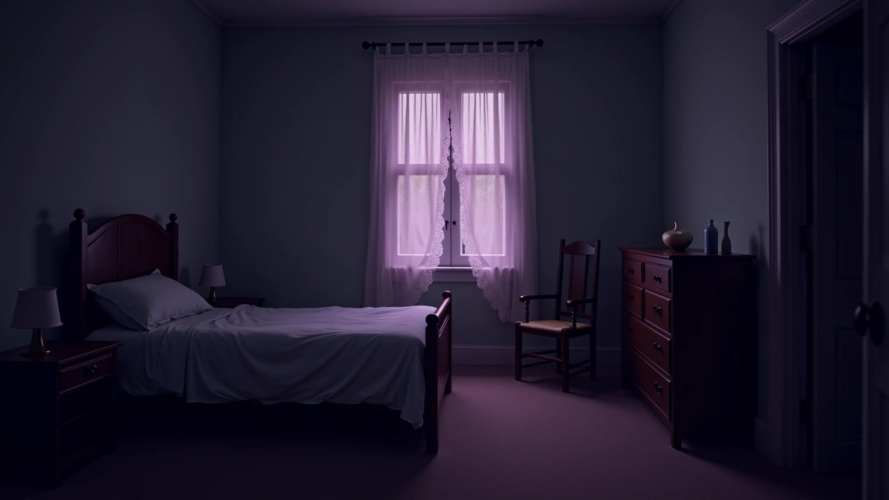 Illustration: a quiet old bedroom in a grandmother's house, afternoon light through lace curtains.