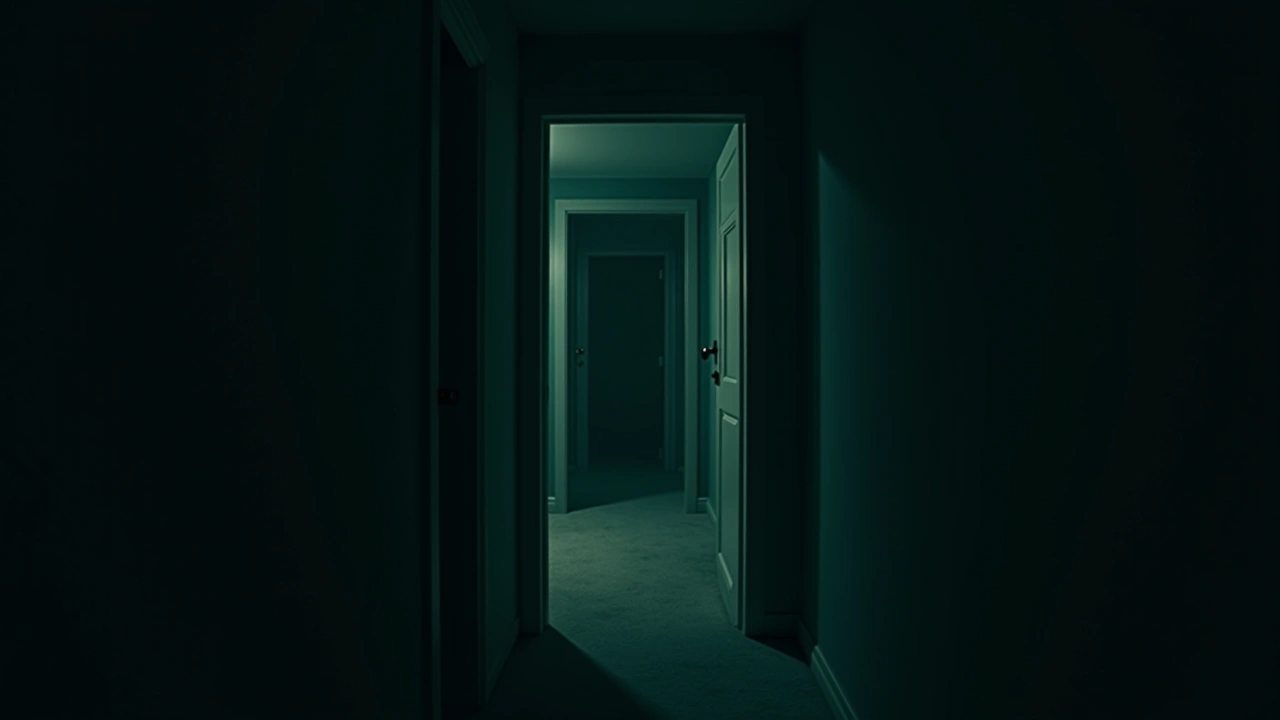 Illustration: a dim hallway in a small home at night, one door left ajar.