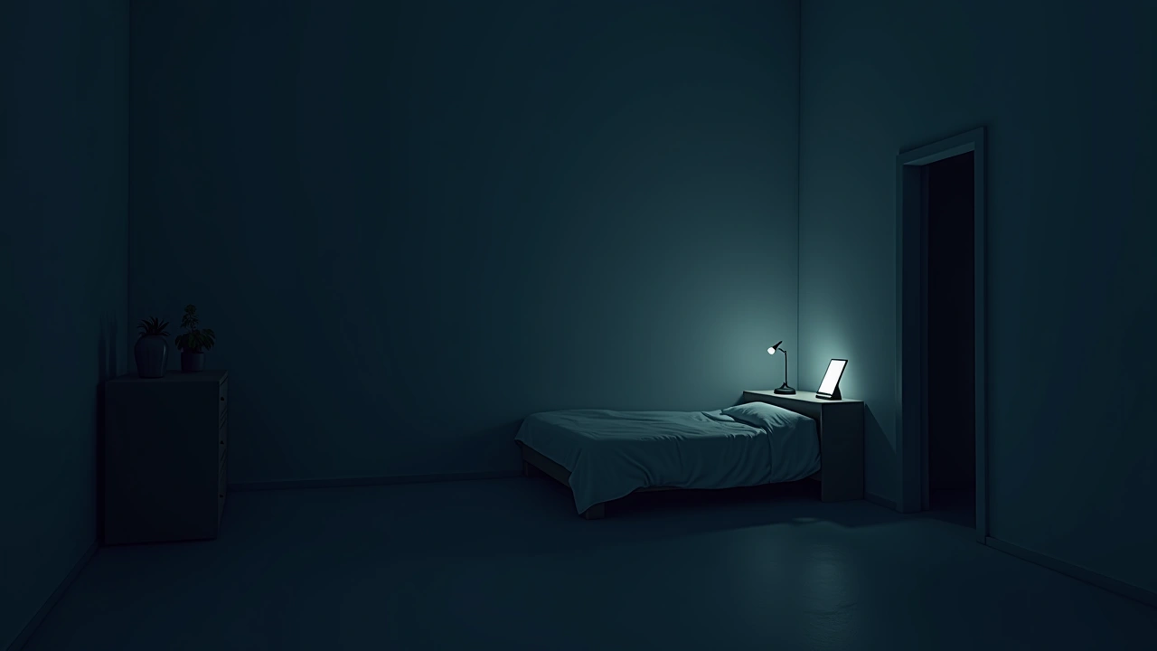 Illustration: a dimly lit bedroom at night, a phone glowing on the nightstand.