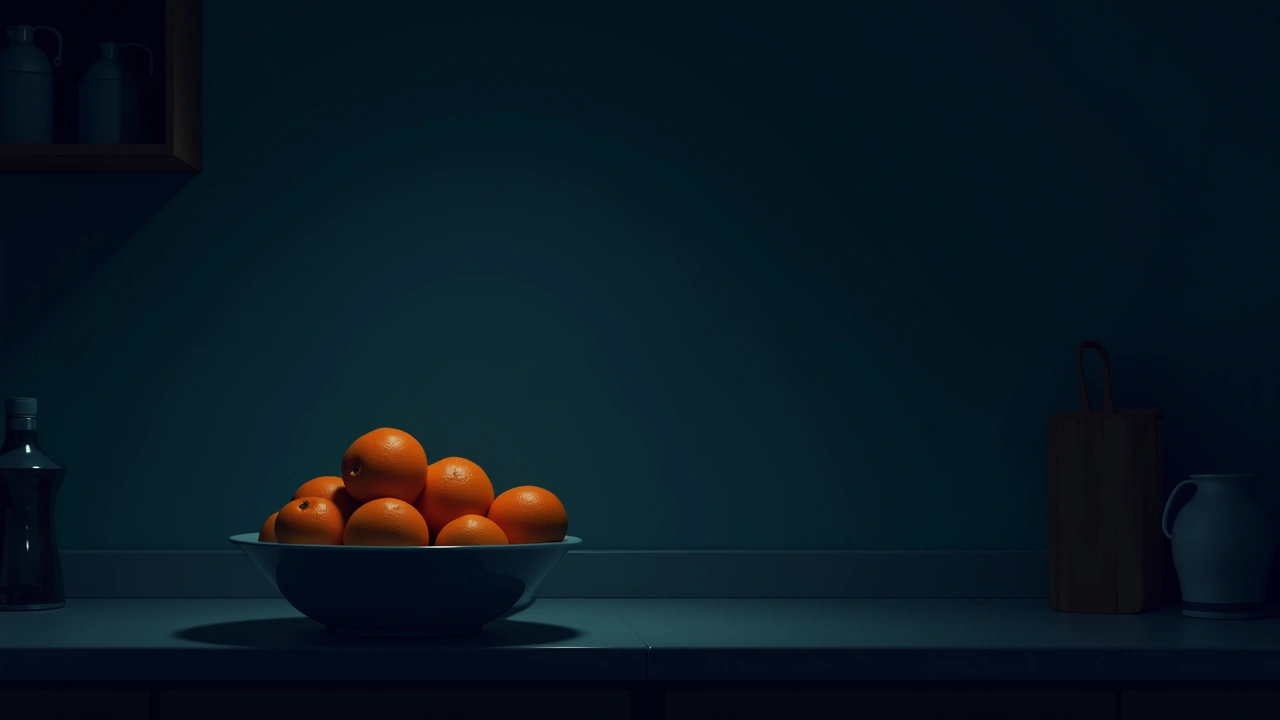 Illustration: a bowl of mandarins on a kitchen counter in a home at night.