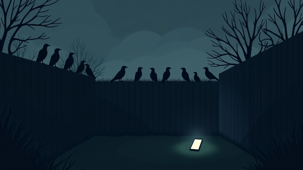 Illustration: A dim backyard at dusk with a flock of crows perched on a fence, a phone screen glowing nearby.