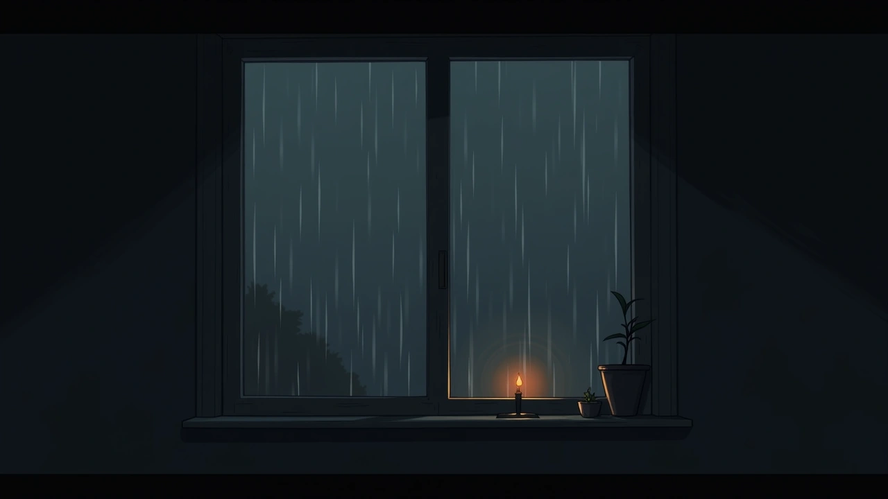 Illustration: a storm outside a window at night, rain streaking down the glass.