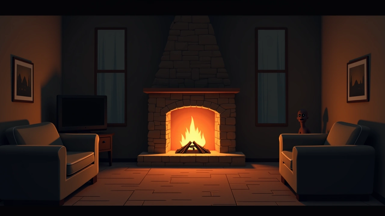Illustration: a stone fireplace glowing warmly in a dim living room at night.